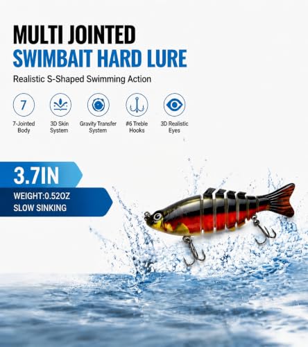 Image of Multi Jointed Swimbait Hard Lure, 3.7in Slow Sinking Fishing Lures with Lifelike Swimming Action, Realistic Bass Fishing Lures for Freshwater, Topwater Lure with Gravity Transfer System for Bass
