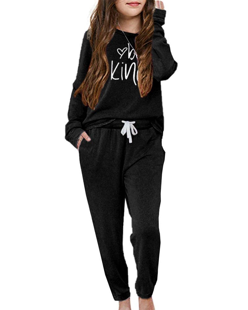 Photo 1 of (SEE NOTES)  LIGHT PINK Kids 2 Piece Outfits Girls Long Sleeve Pullover Sweatshirts Sweatpants Sweatsuits Tracksuits Pant Sets D-black 5-6 Years