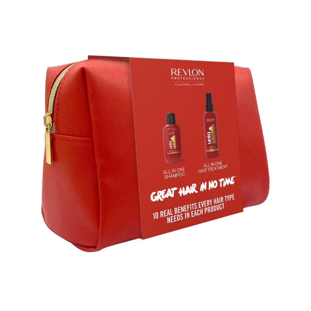 REVLON PROFESSIONAL UniqOne Pflege-Set mit Kosmetiktasche: Hair Treatment Classic, 150 ml, Leave in Haarkur, Anti Frizz Spray mit Hitzeschutz & Shampoo, 100 ml, für glänzendes, gut kämmbares Haar