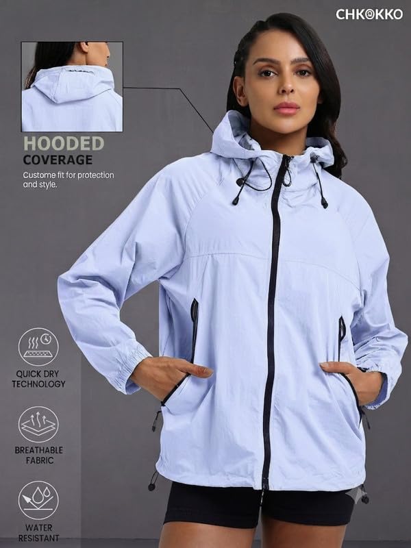 Image of CHKOKKO Windcheater For Women With Hood | With Advanced Upf 50+ UV Windproof Windbreaker Sunscreen | Lightweight Water-repellent Sports Outdoor Travel & Everyday Wear Windshield