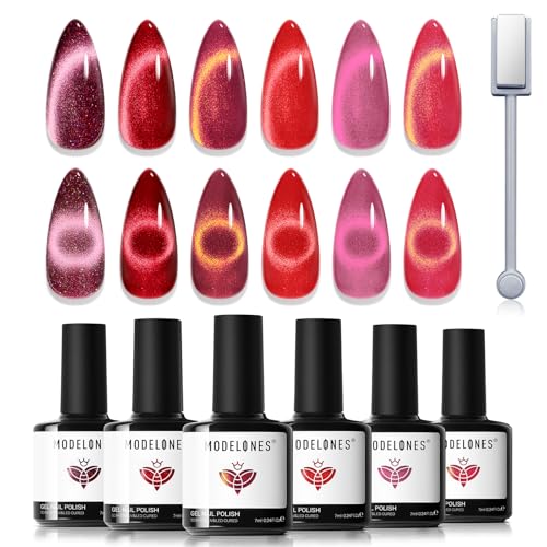 modelones Cat Eye Gel Nail Polish 6 Colors Red Glitter Burgundy Ruby Sparkle Shimmer Gel Polish Set with Magnet Nail Gel Polish Kit Soak Off Led Nail Art Manicure Salon DIY Gifts