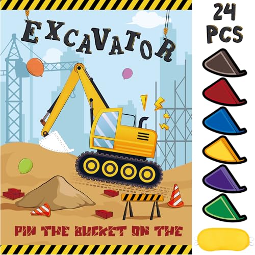 Image of WERNNSAI Pin The Bucket on The Excavator Party Games - Construction Party Supplies Truck Birthday Construction Party Games with 24 Pcs Stickers for Birthday Activities