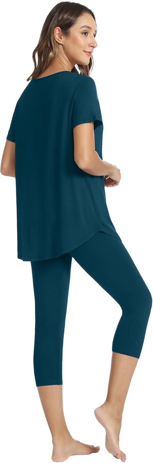 WiWi Women's Pajama Set Viscose from Bamboo Short Sleeve Tunic Top Capri Leggings Cooling Sleepwear Super Soft Pjs S-XXL - Image 4