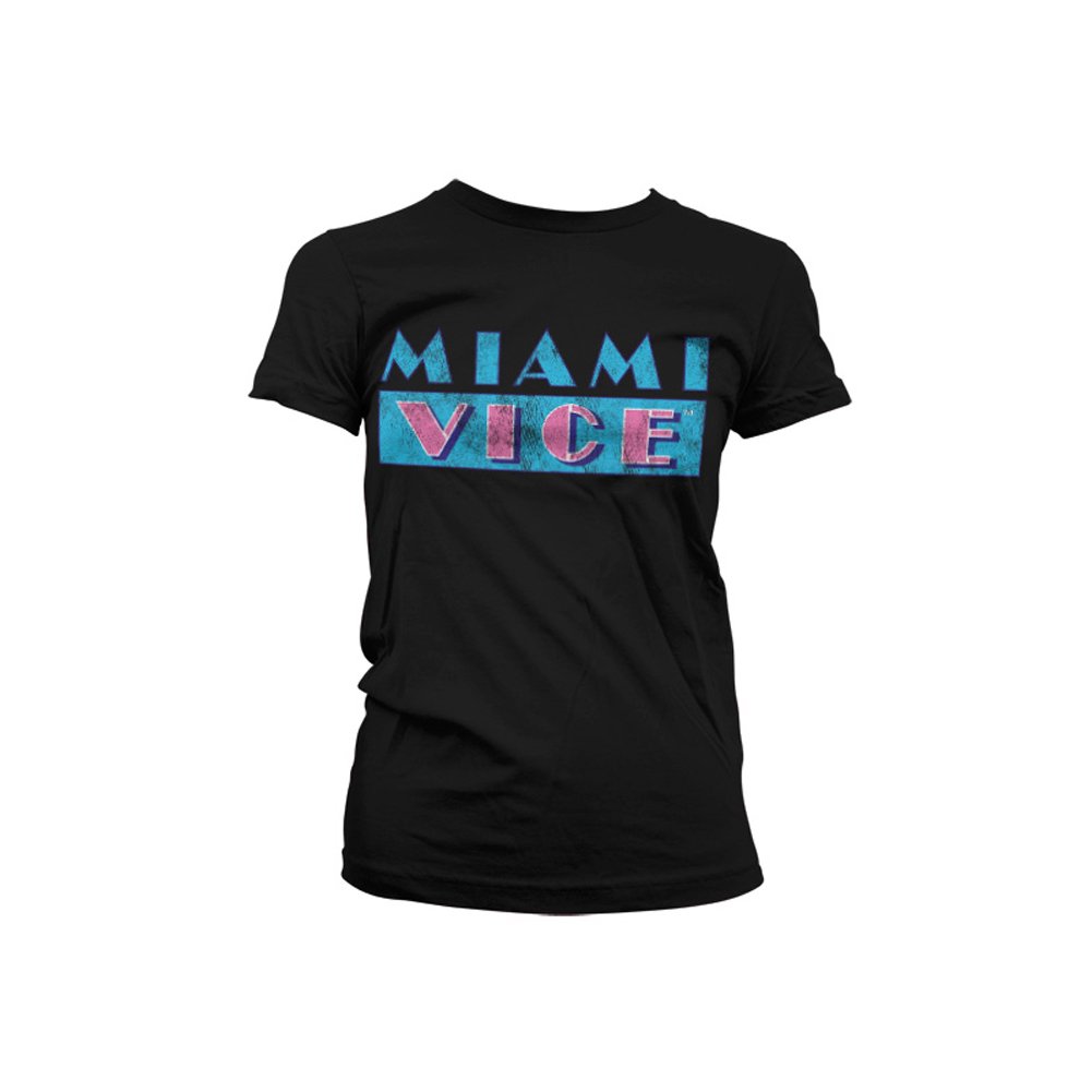Miami Vice Women's Black Officially Licensed Merchandise Distressed Logo T-Shirt (Black), Small