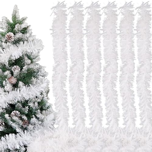 6Pcs Guirnalda de Oropel y Espumillón de Navidad, 2m Decoración para Fiesta y Árbol (Blanco)