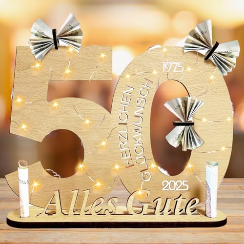 Qunkun Money Gifts Birthday, Gifts for 50th Birthday Woman Man, 50 Birthday Numbers Wooden Sign Guest Book with LED Fairy Lights, Creative Money Gifts, Birthday Decoration for Friends/Family