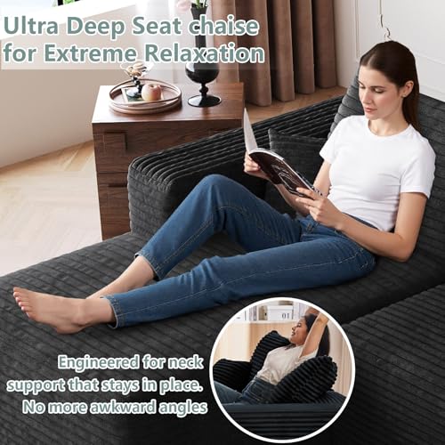Image of 95 inch Modular Sectional Sofa, Modern Corduroy Cloud Couch with Side Pockets, Boneless Couch Upholstered 3-Seater L-Shaped Sofa for Living Room, No Assembly Required (Black,Left-Facing Chaise)
