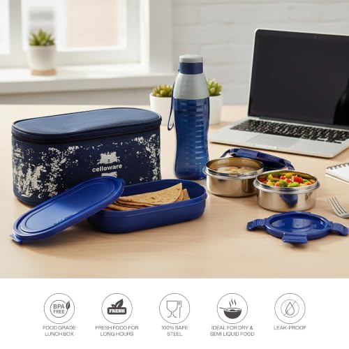 Image of CELLO Gemini Lunch Box Gift Set of 3 Pieces with Bag for Office Use, Blue | 300ml x 2 Steel Round Containers, 500ml x 1 Oval Container with 600 ml Water Bottle, Leak Proof Tiffin Set for School Travel