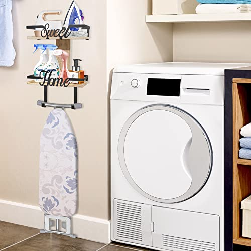 Ulendis 2-Layer Ironing Board Hanger Wall Mount, Iron And Ironing Board Holder With Large Storage Wooden Base Basket & Removable Hooks, Metal Laundry Room Shelves Organization And Storage #TOP5