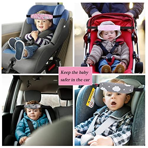 Image of 4 Pieces Baby Head Support for Car,ZWZCYZ Cute Pattern Car Seat Head Holder for Toddler Stroller Seat Sleeping Headrest Band with Adjustable Buckle Universal Kids Car Accessories (Pink+Grey)