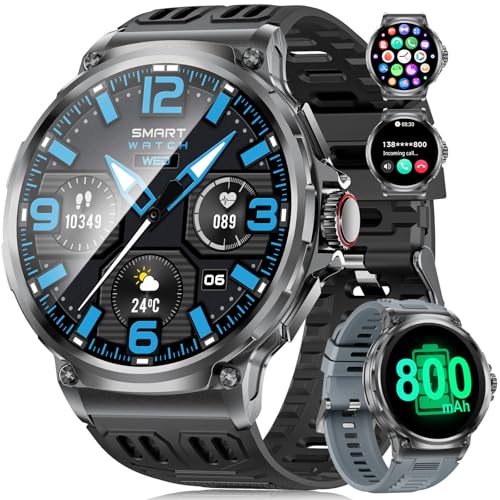 SUNKTA Reloj inteligente militar para hombre, batería de 800 mAh, pantalla HD de 1,85 pulgadas, con linterna, 100 modos deportivos, IP68, resistente al agua, reloj de fitness con frecuencia cardíaca
