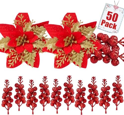 50pcs Glitter Poinsettia Christmas Ornaments, Artificial Flowers with Clips Stems for DIY Wreath Making, Holiday Home Party Decorations, Indoor Use
