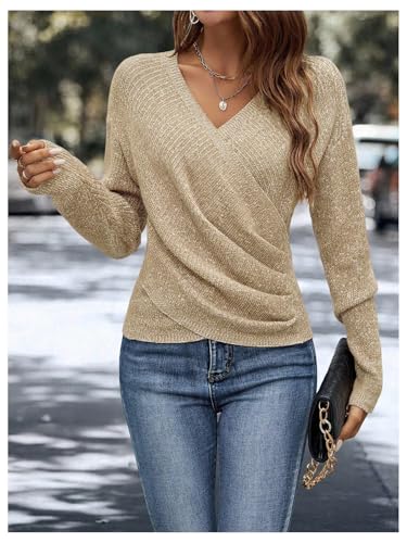 Image of SOLY HUX Women's V Neck Long Sleeve Off Shoulder Sweaters Criss Cross Wrap Ruched Pullover Fall Tops