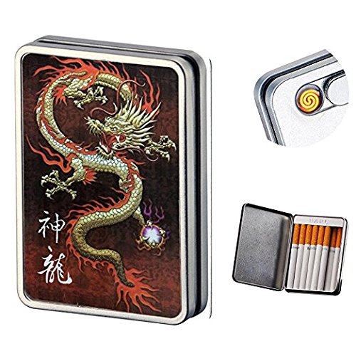 USB Cigarette Lighter Case Cigarette Box Electronic Flameless Rechargeable Windproof Lighters Can Hold 16 Cigarette Smoke (Dragon USB Lighter)
