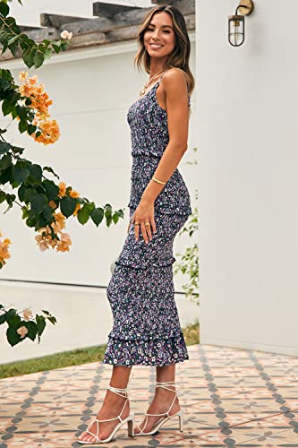 Image of PRETTYGARDEN Women's Summer Midi Bodycon Dresses One Shoulder Strappy Tiered Ruffle Floral Boho Sun Dress