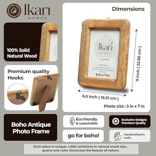 Image of Ikari Homes Wooden Rectangular Photo Frame,Handcrafted Boho Design, Antique Finish,Set With High Definition Glass,Photo Frames For Table & Wall Mount,Home & Office Decor - 5 X 7 Inches