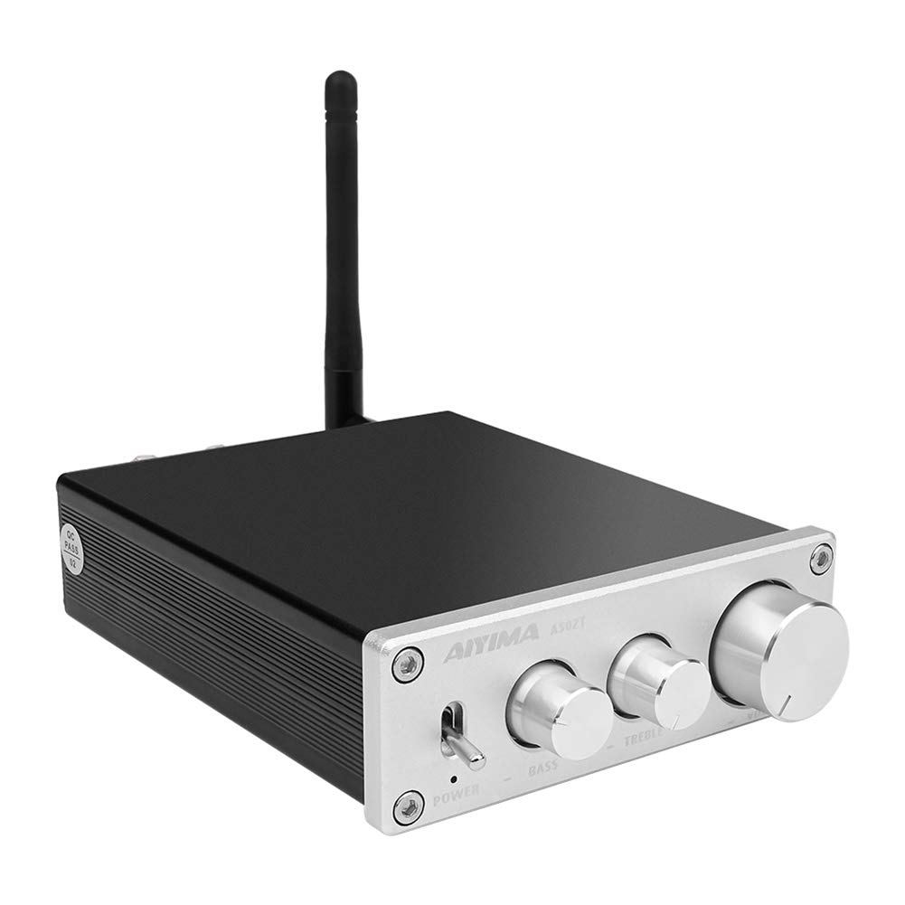 AIYIMA TPA3116D2 HiFi Stereo Audio Amplifier with Bluetooth 4.2 & 2.0 Channel Class D Integrated Digital Amp for Home Desktop Speakers with Bass and Treble Control & Power Supply (Silver)