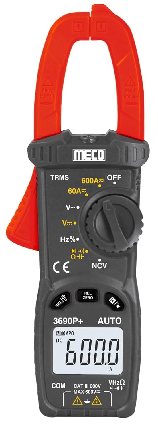 meco 3690p+ 600a dc/ac trms auto ranging, 3 digit 6000 counts, capacitance, data hold, back light (white & orange) torch light, hz/duty, ncv (buzzer & ef strength) sold by techno instruments bangalore