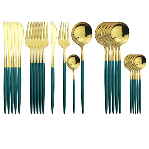 Uniturcky Gold Silverware Set, 24-Piece Stainless Steel Flatware Set Service For 6, Mirror Polished Green Handle Tableware Cutlery Set Knife Fork And Spoon For Home & Restaurant, Dishwasher Safe