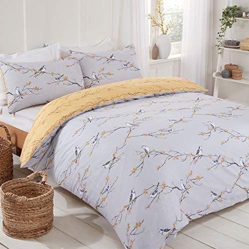 Dreamscene Blossom Bird Reversible Floral Quilt Duvet Cover with Pillowcase Bedding Set, Grey Ochre Yellow - Superking