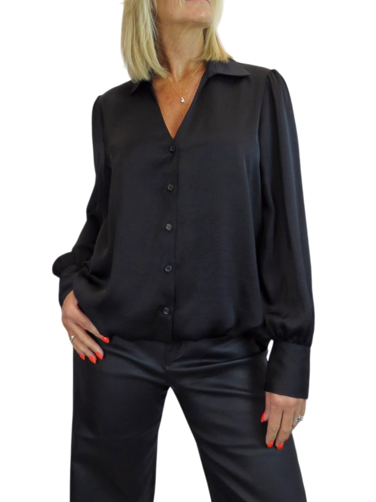 Paulo Due Chemisier Satin Femme Manches Longues Boutonné Col V Élégant Haut Fluide Léger Bureau Chic