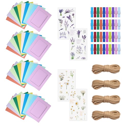 Prelisee 40 Pcs Fotorahmen aus Pappe 10x15cm Bunt Fotogirlande Papier zum Aufhängen Kraftpapier Bilderrahmen 10 Farben mit 40 Clips,4 Hanfseil,4 Blume Aufkleber für Geburtstag Hochzeit Jubiläum Deko