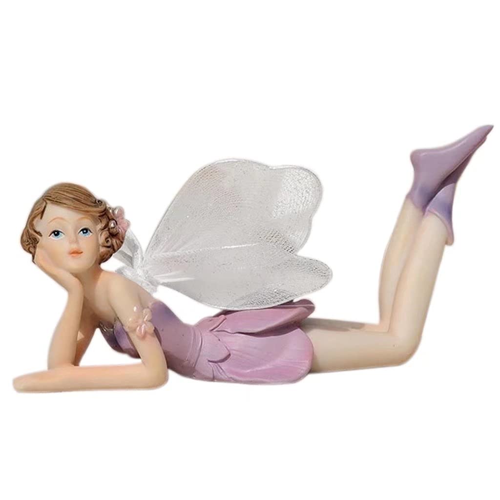 Purple Flower Fairy Figurines Statues Lying Foldable Wings Flower Fairy Collectible Figurines Home Decor Angel Ornament Creative Gifts for Daughter Girlfriend Wife