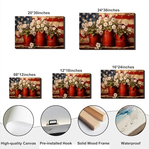 Image of Rustic 4th of July Patriotic Flower Pots Canvas Wall Art - Large Framed US Flag Poster Painting, Independence Day Wall Decor for Living Room Bedroom or Holiday Celebrations