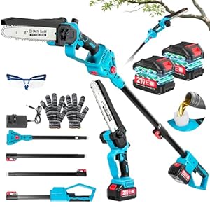 2-in-1 Akku Hochentaster Und 8-Zoll Mini-Kettensäge, BüRstenloser Motor, mit 2 x 3000 mAh Batterien, drei einstellbaren Höhen (1, 4 m/1, 9 m/2, 4 m) für Baumschnitt, Gartenarbeit und Holzarbeiten