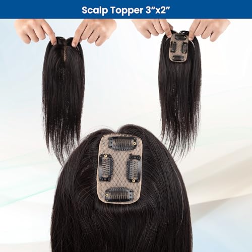 Image of Capilus 100% Human Hair Extensions for Women, Clip in Scalp Topper /Hair Topper, Silk Based- (3 inchx2 inch, 16 Inches, Natural Black)