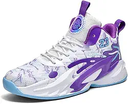 Novetra Tênis de basquete masculino de cano alto com amortecimento e suporte respirável para treinamento esportivo juvenil(White Purple 03,3.5)