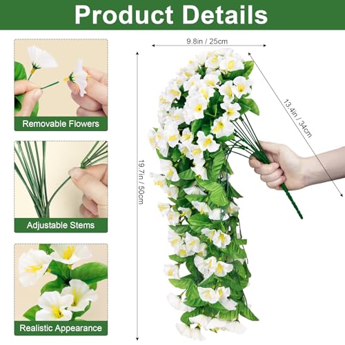 Image of Bassion 2 Pack Artificial Hanging Petunias Flowers for Outdoors, White | UV resistant, silk fake flowers, hanging morning glory trailing vines, porch garden spring summer planter decoration