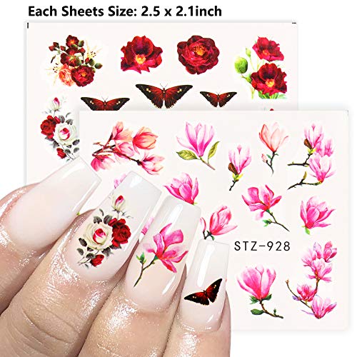 Flower Nail Art Sticker Rose Water Transfer Nail Decals Stickers Summer Nail Art Supplies Kit Pink Floral Nail Art Design 24 Sheets For Women Flowers Designs For Nails Decoration Set Manicure Tips #TOP3
