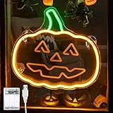 Halloween Lighted Pumpkin Window Light Decor, Neon Pumpkin Silhouette Light Timer with Hooks...