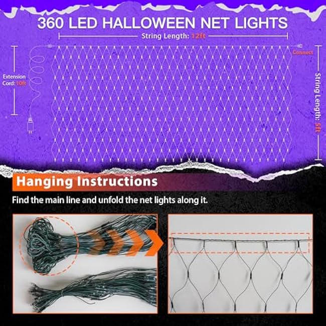 suddus 360 LED Halloween Net Lights, 12ft x 5ft String Lights with Remote, Waterproof Connectable Green Wire for Bushes, Trees, Halloween Decoration, Indoor Outdoor Party Yard Garden, Purple & Orange