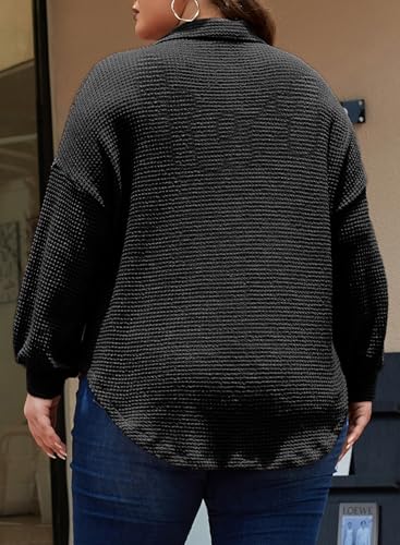 Eytino Womens Plus Size Boyfriend Shirts Casual Long Sleeve Button Down Oversized Waffle Knit Shacket Jacket(1X-5X)2