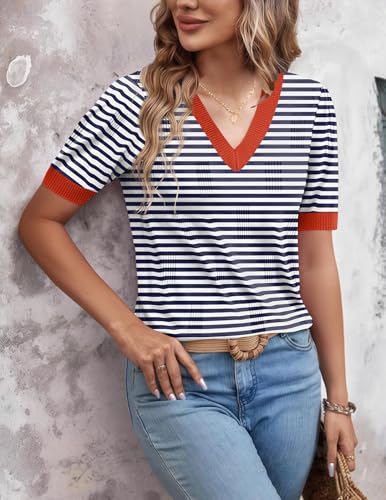 Image of Zeagoo Womens Short Sleeve Sweaters Soft Casual V Neck Pullover Tops Lightweight Knit Sweater Blouse