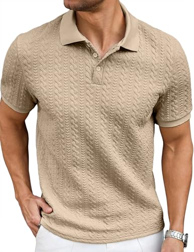 Image of JMIERR Men's Casual Polo Shirt Knitted Textured Short Sleeve Stretch Golf Shirt Summer Vacation Beach Collared Shirts