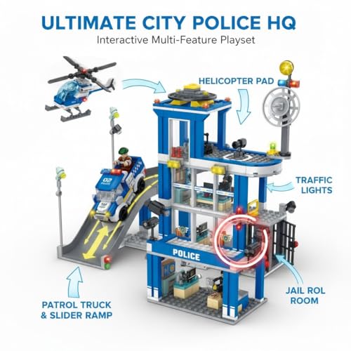 Image of SKY LINE OCEAN Police Station Slider Building Block Set, 601+ PCS City Police Playset with Action Slider Feature, Patrol Vehicles & Accessories, STEM Construction Toy | 5 Year Structural Warranty