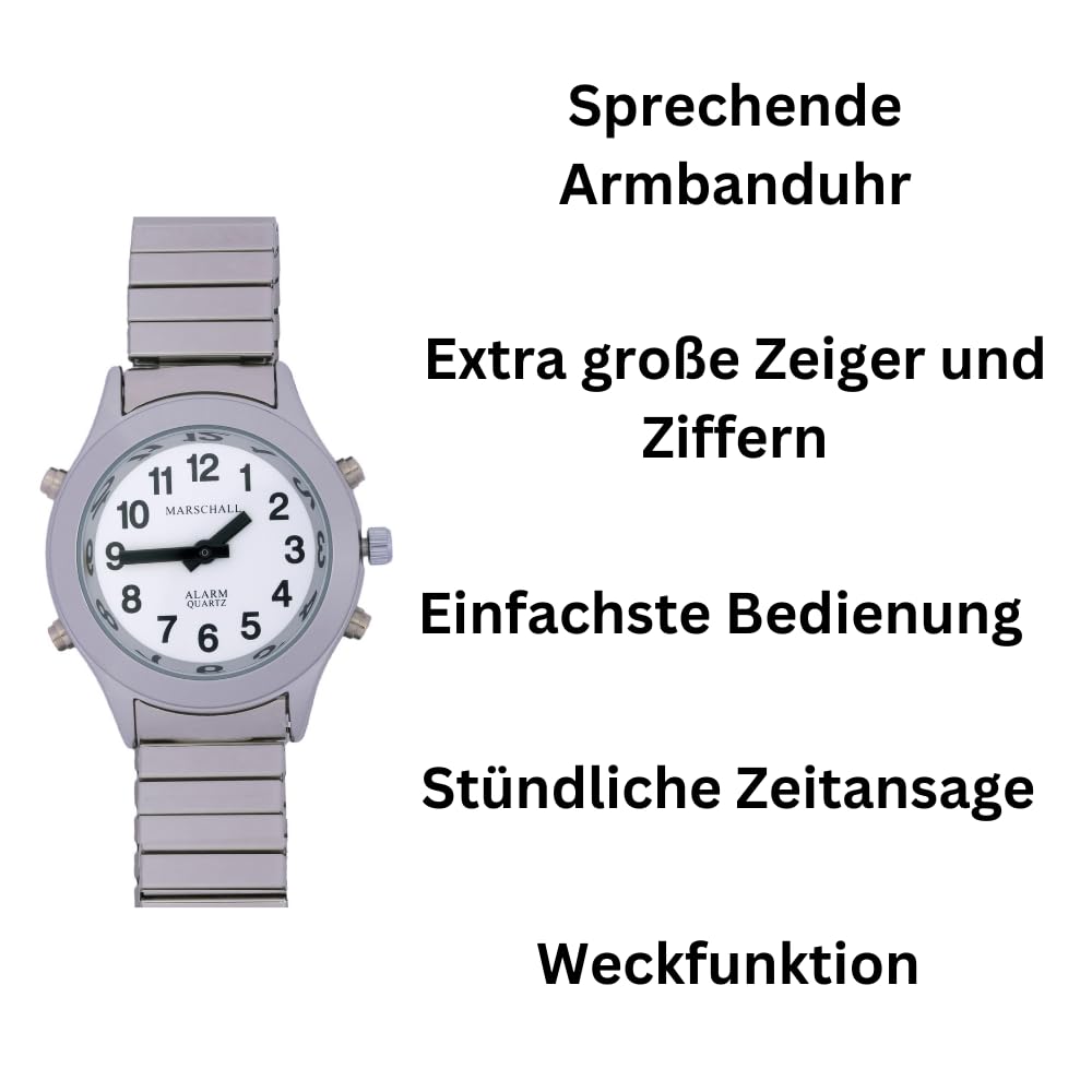 Marschall Deutsch sprechende Damen Armbanduhr I D-SM I Für Blinde, Senioren und Sehbehinderte I Komplette Datumsansage I Extra große Zeiger I Silberfarben mit Metall-Zugarmband