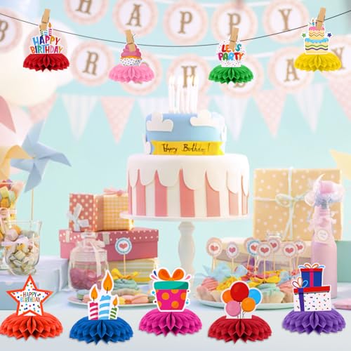 OSDUE 9 Stück Geburtstag Tischdeko, Bienenwaben Deko Tischaufsätze Set, Happy Birthday Deko für Männer und Frauen, Farbe Tischdekoration