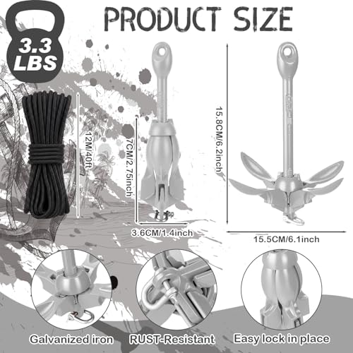 Image of MorningRo 1 Pack 1.5 /3.5 lb Marine Kayak Anchor Kit with 40ft Rope and Buoy Folding Grapnel Boat Anchor Kit Kayak Fishing Accessories for Small Boats, Canoe, SUP Paddle Boards