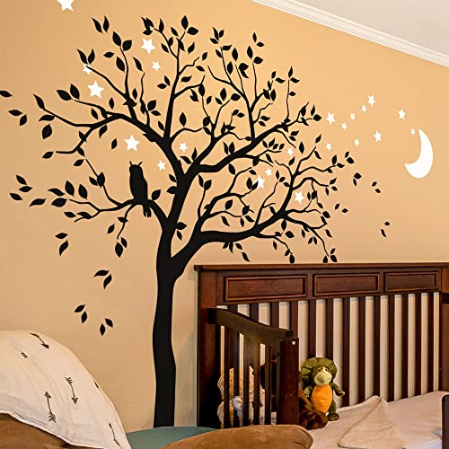 Grand arbre autocollant mural avec hibou, lune et étoiles Décoration murale chambre d'enfant 088 (Branches à droite, Noir, Blanc)