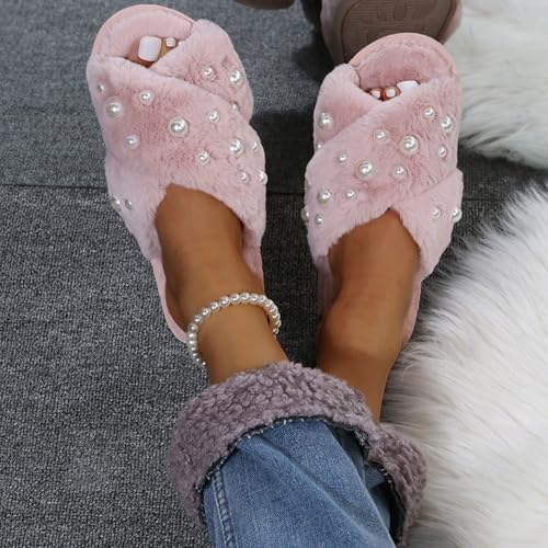 Women's Fuzzy Slippers Crossbands Fluffy House Slides Bride Slippers for Wedding Pearl Women Open Toe Comfy Slip on Memory Foam Soft Plush Furry Slipper Home Shoes Bridal Shower Gifts4