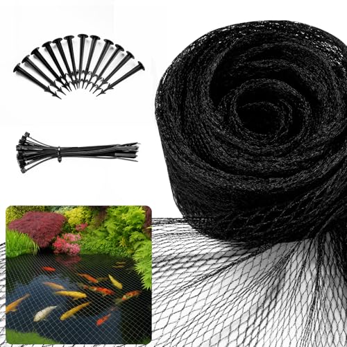 Pond Netting for Koi Ponds 7 x 10 Pond Netting Cover for Leaves Durable Koi Pond Net to Catch Leaves & Debris Drive Herons Raccoons Cats & Predators Away 12 Stakes Included (3/8 Mesh)