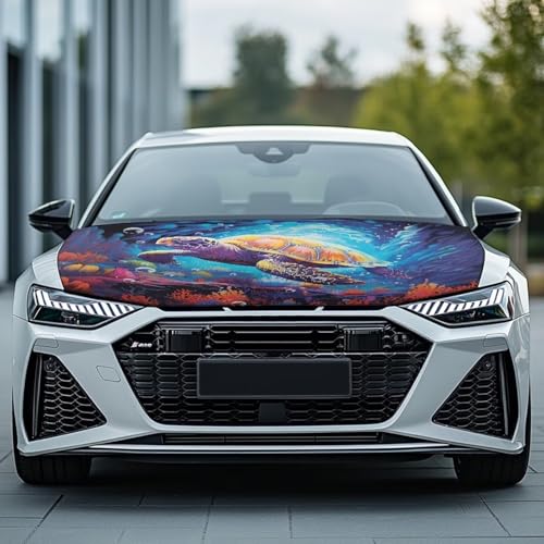 Image of Turtle Print Car Hood Cover Easy to Install Car Hood Cover Protector Elastic Fabrics Can be Washed Stretch Polyester Fabric Cover Personalized Suitable for Cars