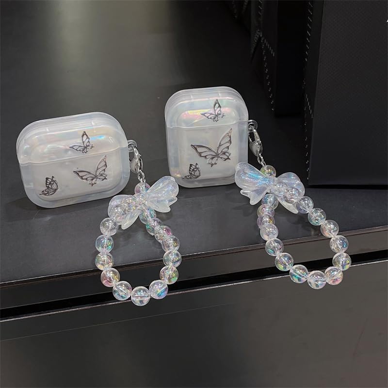 Miniatura 4 de Funda transparente para AirPods Pro de 2 generación 2022, bonito diseño de mariposa negra brillante con llavero colgante, funda protectora de TPU