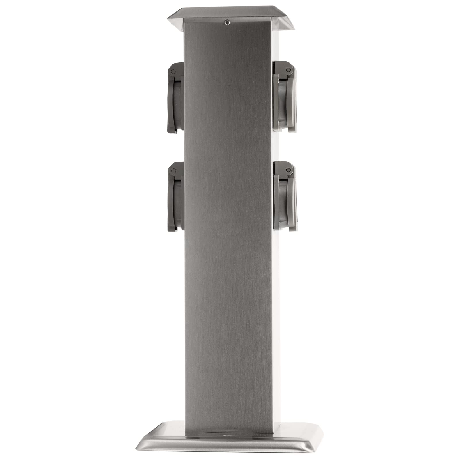 Grafner Edelstahl Gartensteckdose mit 4 Steckdosen, IP54, eckig, Klarlack-Beschichtung, Energiesäule Mehrfachsteckdose Outdoor Metall Außensteckdose 4-Fach