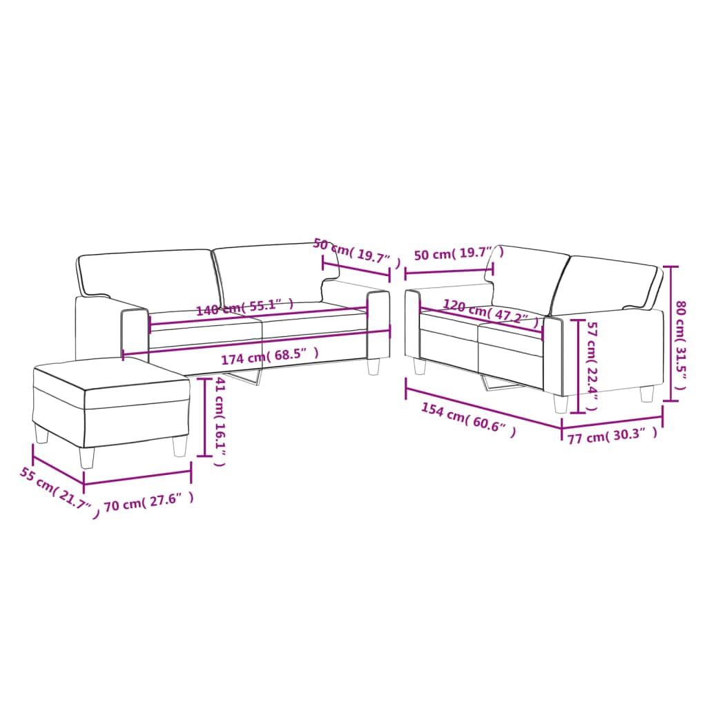 Juego de 3 muebles de piel sintética con taburete y cojín, color