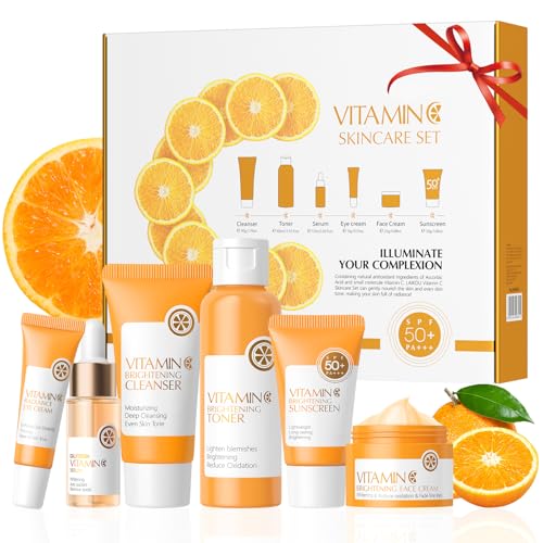 BeauBase Vitamin C Skincare Kit, Cuidado Facial Mujer Kit Regalo, 6 unidades Humectante Facial Adolescentes, para Hidratante Nutritivo Suavizante y SPF50 Protección UV